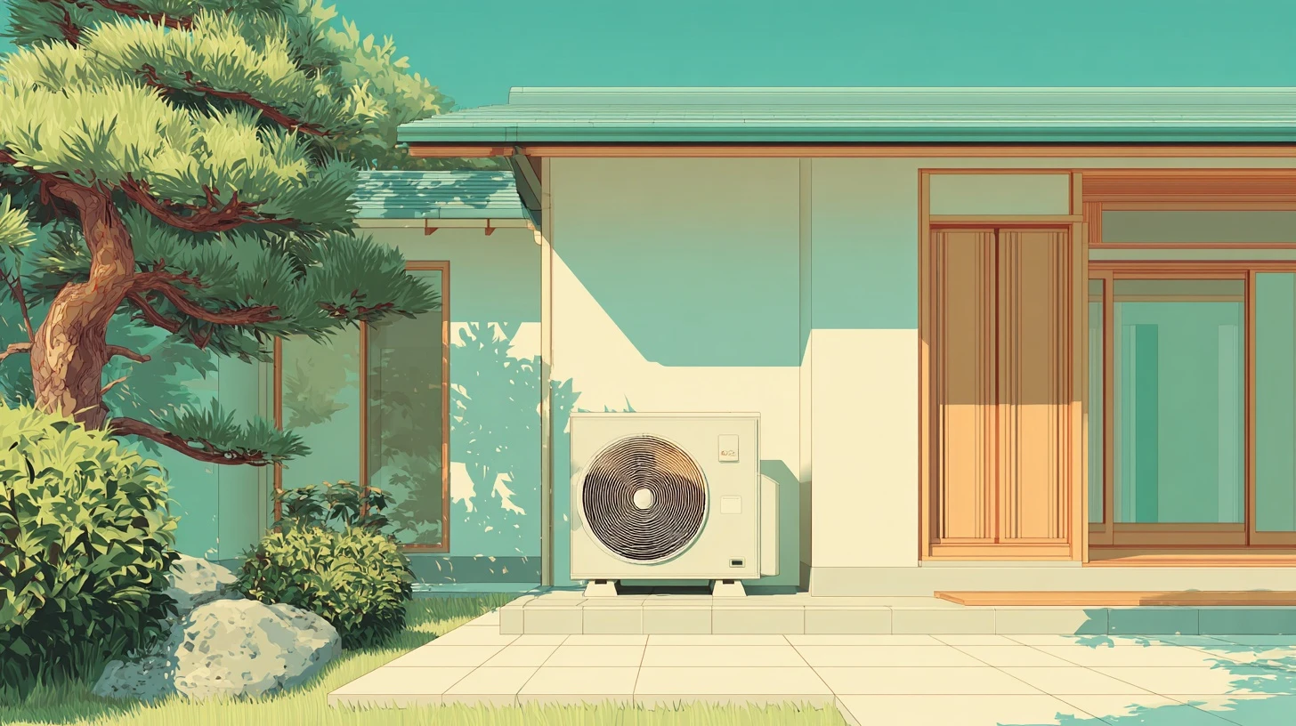住宅横に設置されたエコキュートのイラスト