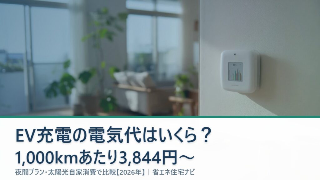 EV充電の電気代を比較する記事のアイキャッチ（日本の住宅リビングと電気使用量モニター・検針票）