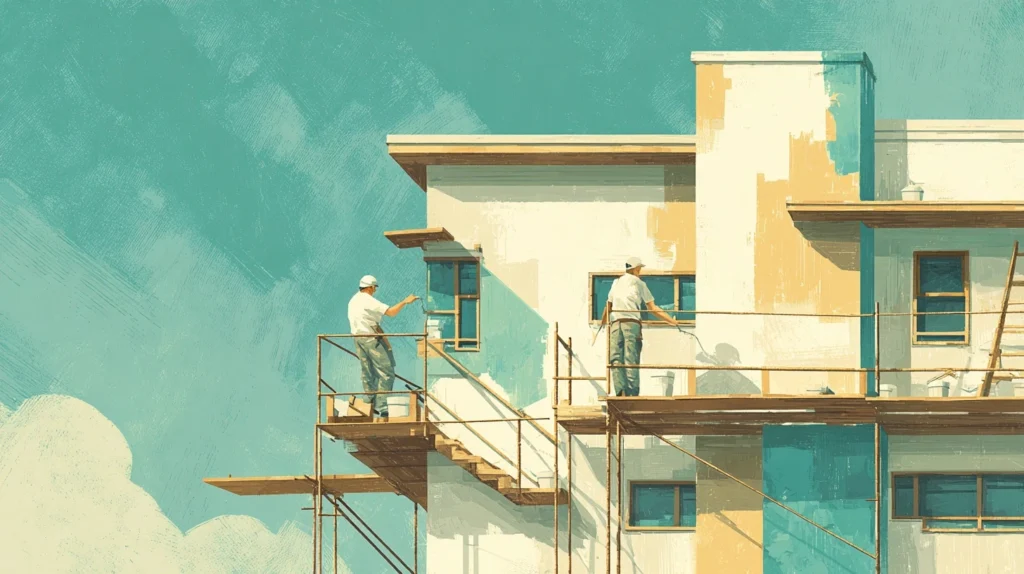 足場の上で住宅の外壁を塗装する職人のイラスト