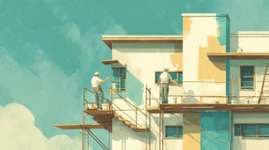 足場の上で住宅の外壁を塗装する職人のイラスト