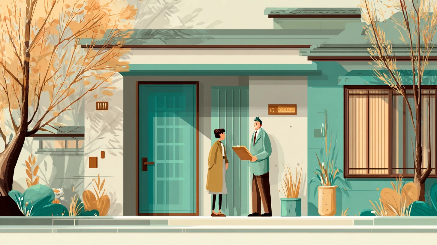 玄関先で訪問販売の営業を慎重に断る住人のイラスト