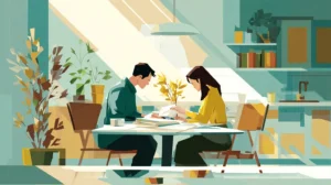 リフォーム予算を書類と電卓で検討する夫婦のイラスト(補助金・費用計画向け)