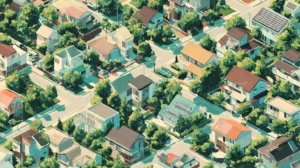 太陽光パネルのある住宅街の俯瞰イラスト(都道府県・地域記事向け)