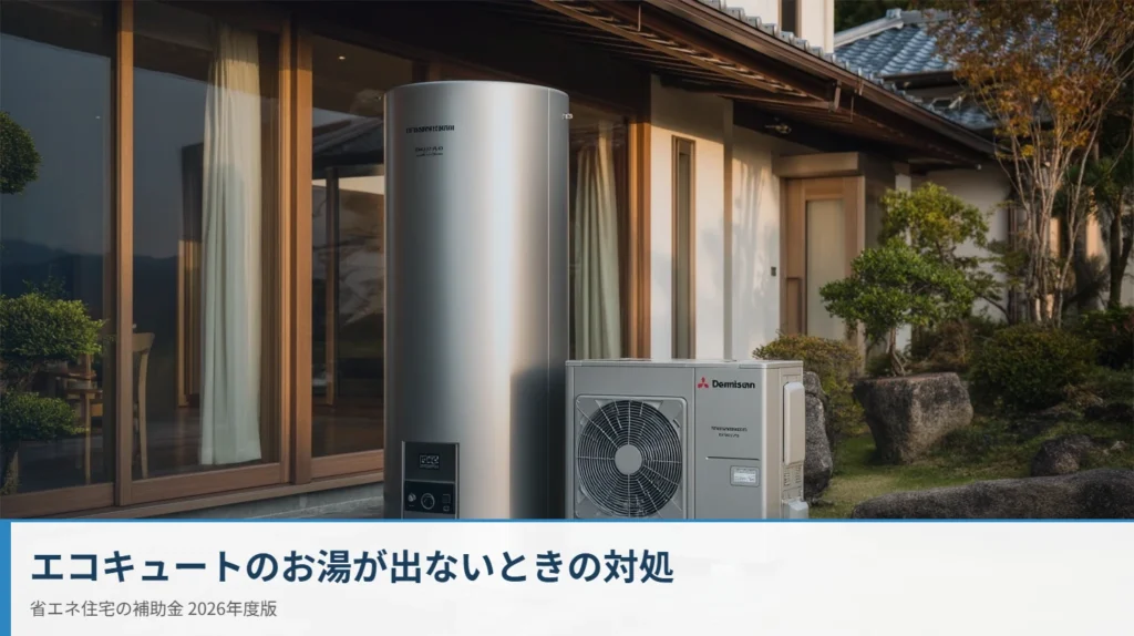 エコキュートのお湯が出ない 住宅に設置されたエコキュートの貯湯タンクとヒートポンプ