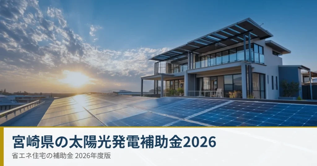 宮崎県の住宅用太陽光発電の補助金2026年度を解説する記事のアイキャッチ（太陽光パネルを設置した住宅の写真）