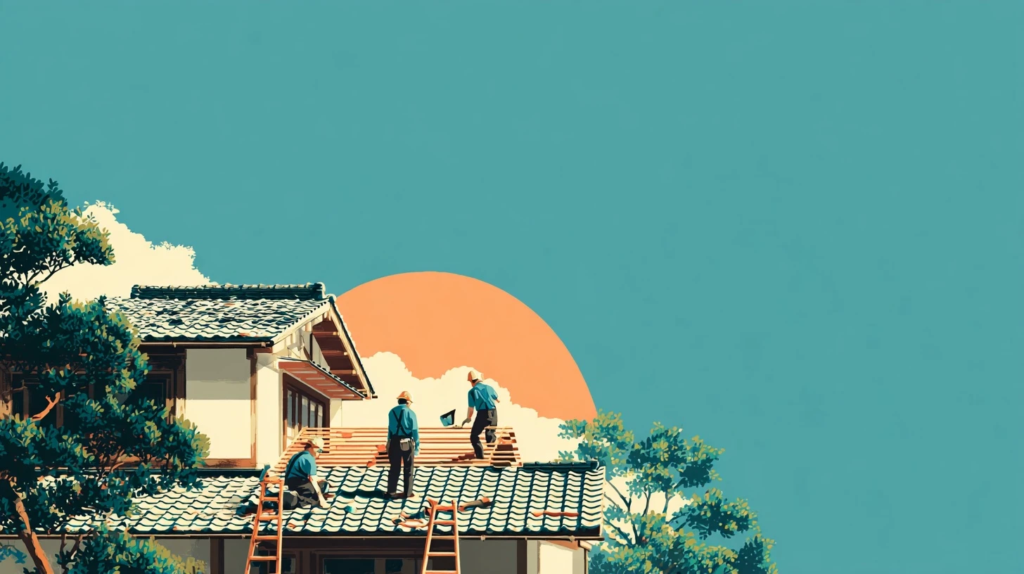 住宅の屋根瓦を交換する職人のイラスト