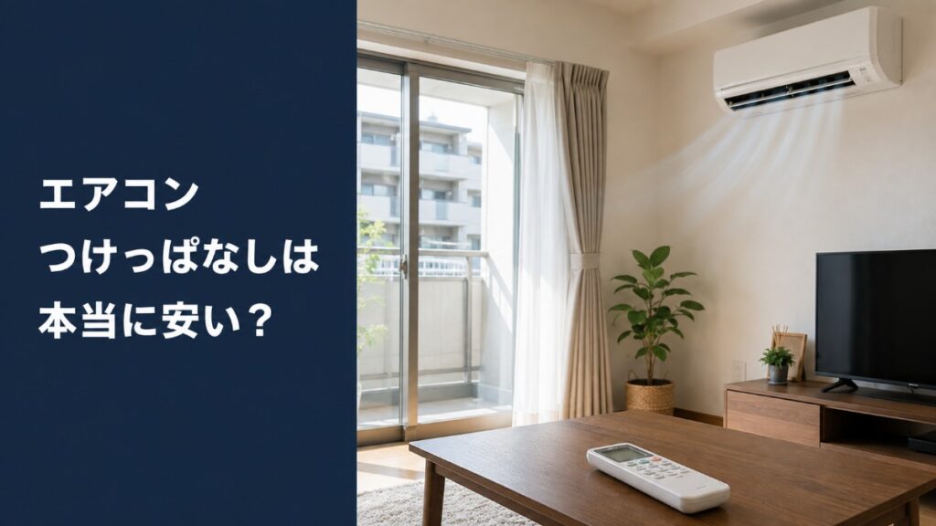 日本のマンションのリビングで運転中の壁掛けエアコンとテーブルの上のリモコン