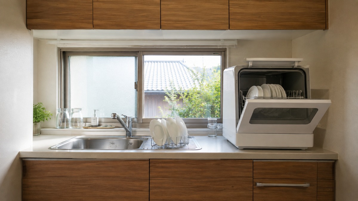日本の住宅のキッチンに置かれた卓上型の食器洗い乾燥機とステンレスのシンク