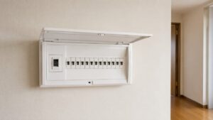 日本の住宅の廊下の壁に取り付けられた分電盤。左端に主幹ブレーカー、右に小型ブレーカーが並ぶ