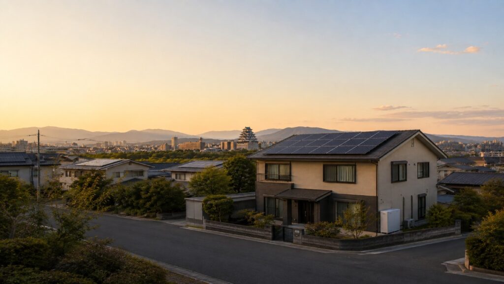 夕方の広島市の住宅地。屋根に太陽光パネル、外壁ぎわに家庭用蓄電池、背景に広島城の天守と市街地