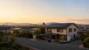 夕方の広島市の住宅地。屋根に太陽光パネル、外壁ぎわに家庭用蓄電池、背景に広島城の天守と市街地