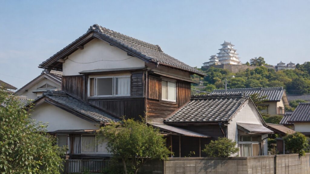 北九州市の住宅地と城郭建築の天守