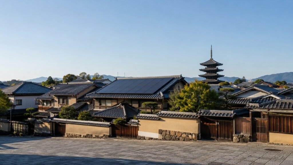 京都市の町家が並ぶ通りと瓦屋根の太陽光パネル、奥に木造五重塔
