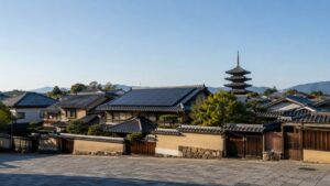 京都市の町家が並ぶ通りと瓦屋根の太陽光パネル、奥に木造五重塔