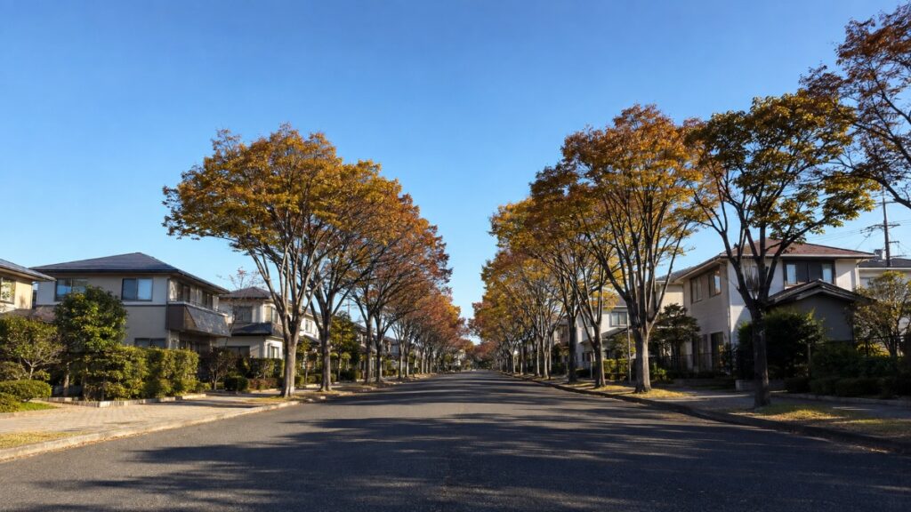 ケヤキ並木の通りと日本の一戸建て住宅が並ぶ仙台市の住宅街