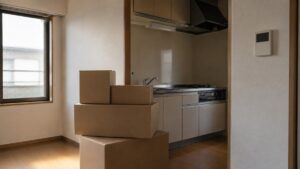 引越し直後の日本の集合住宅の室内、積まれた段ボール箱と奥のキッチンとガスコンロ