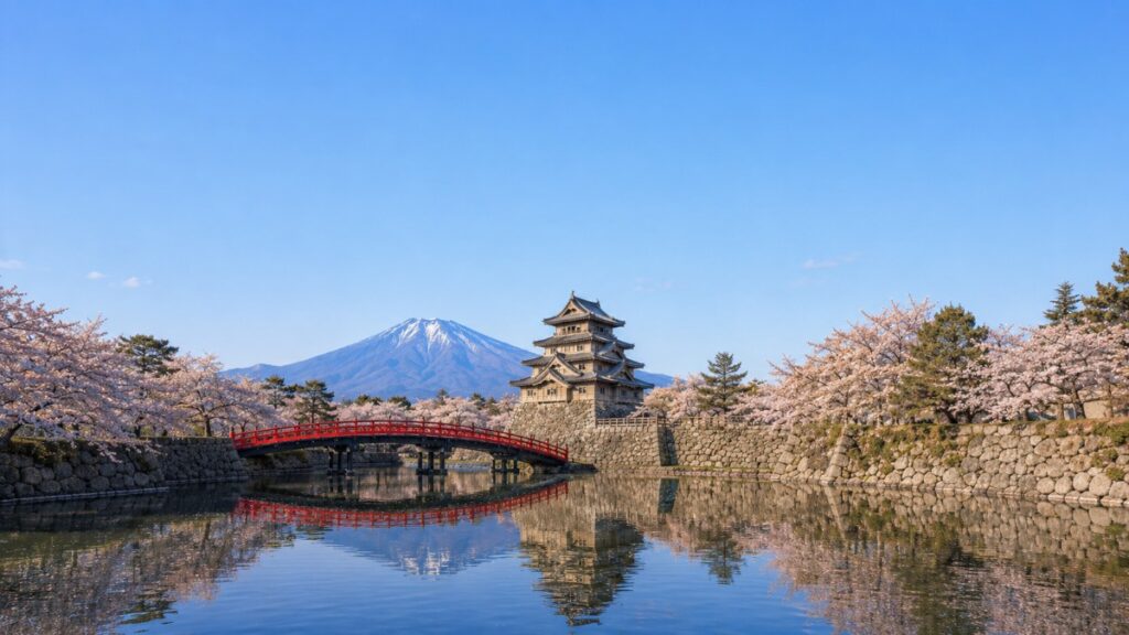 青森県のランドマークを思わせる情景。朱塗りの太鼓橋と堀、石垣の上の天守、背後の円錐形の山と満開の桜