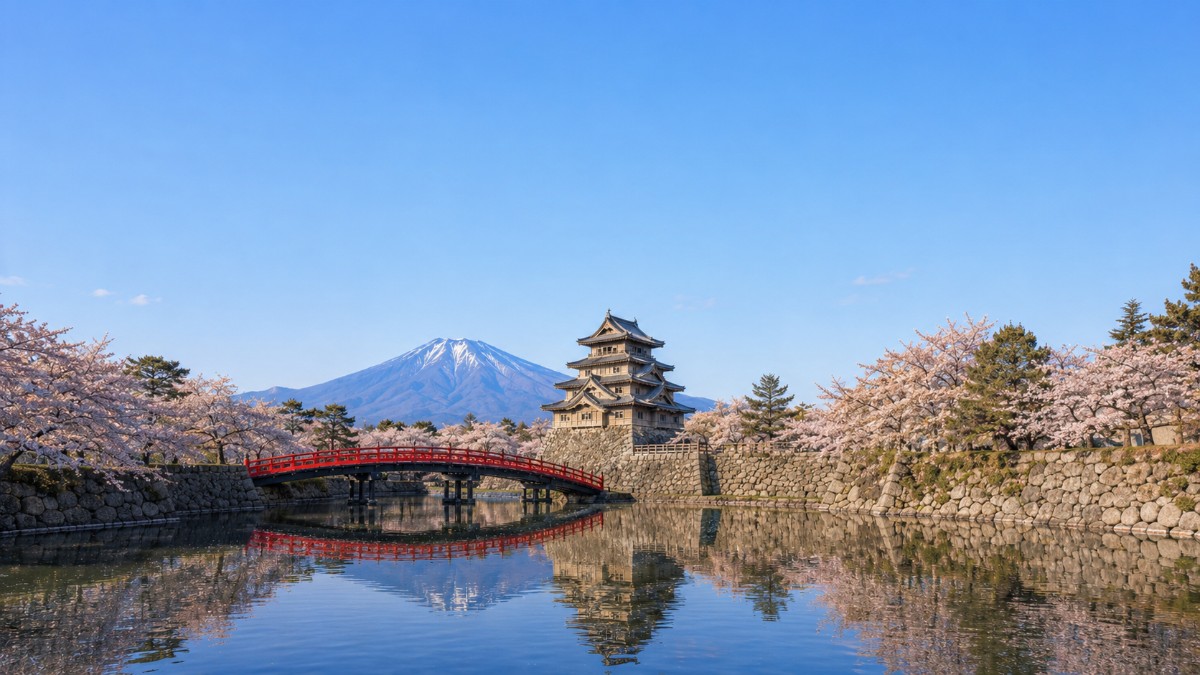 青森県のランドマークを思わせる情景。朱塗りの太鼓橋と堀、石垣の上の天守、背後の円錐形の山と満開の桜