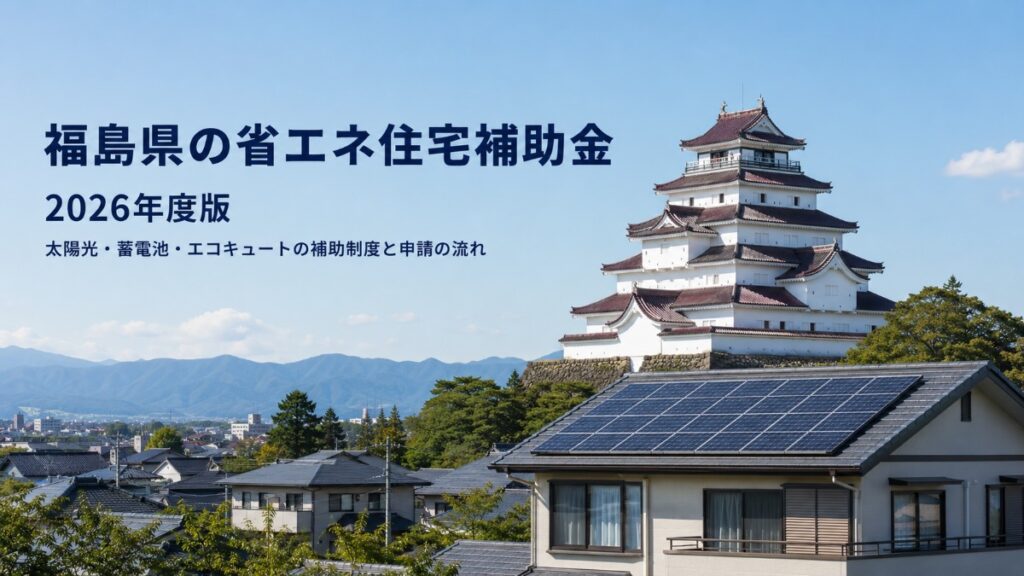 鶴ヶ城と太陽光パネルを載せた福島県の戸建て住宅