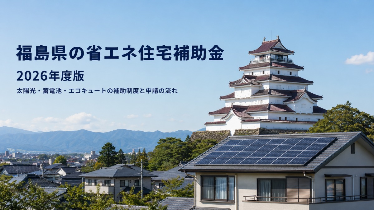 鶴ヶ城と太陽光パネルを載せた福島県の戸建て住宅
