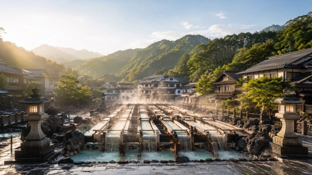 群馬県 草津温泉の湯畑を思わせる山あいの温泉街の朝の情景