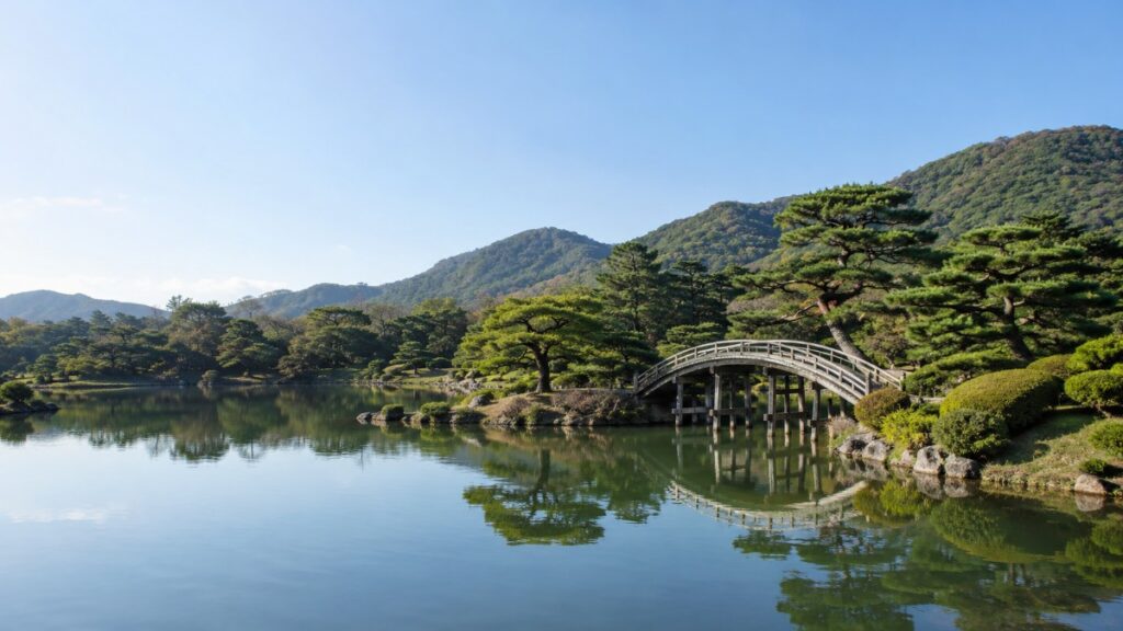 香川県の大名庭園と反り橋の遠景
