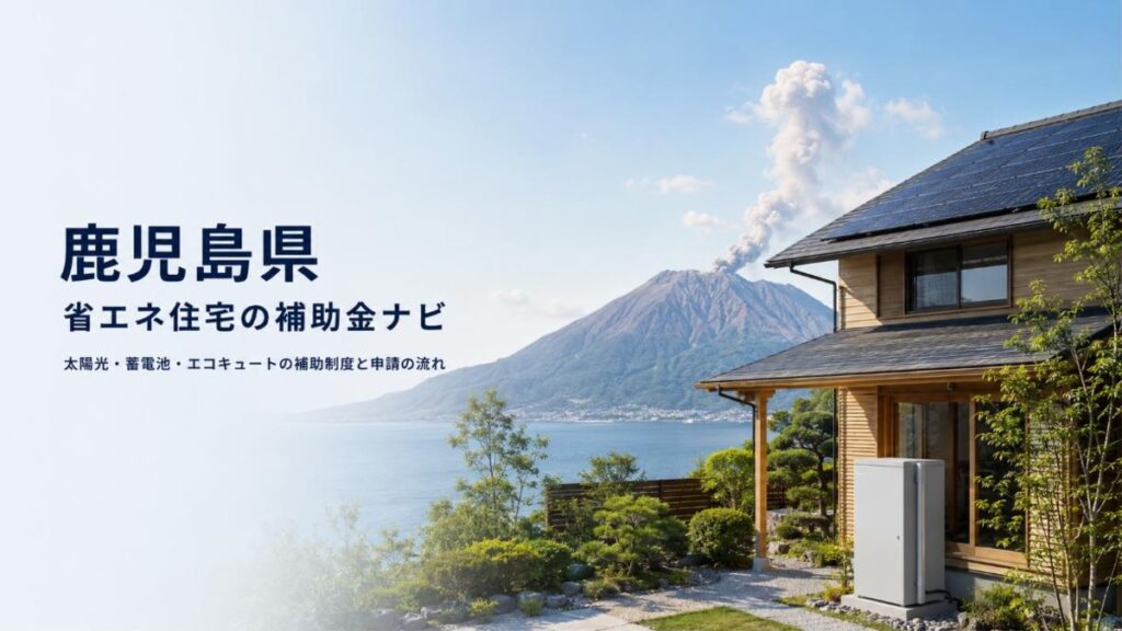 桜島と錦江湾を望む、太陽光パネルと家庭用蓄電池を備えた住宅