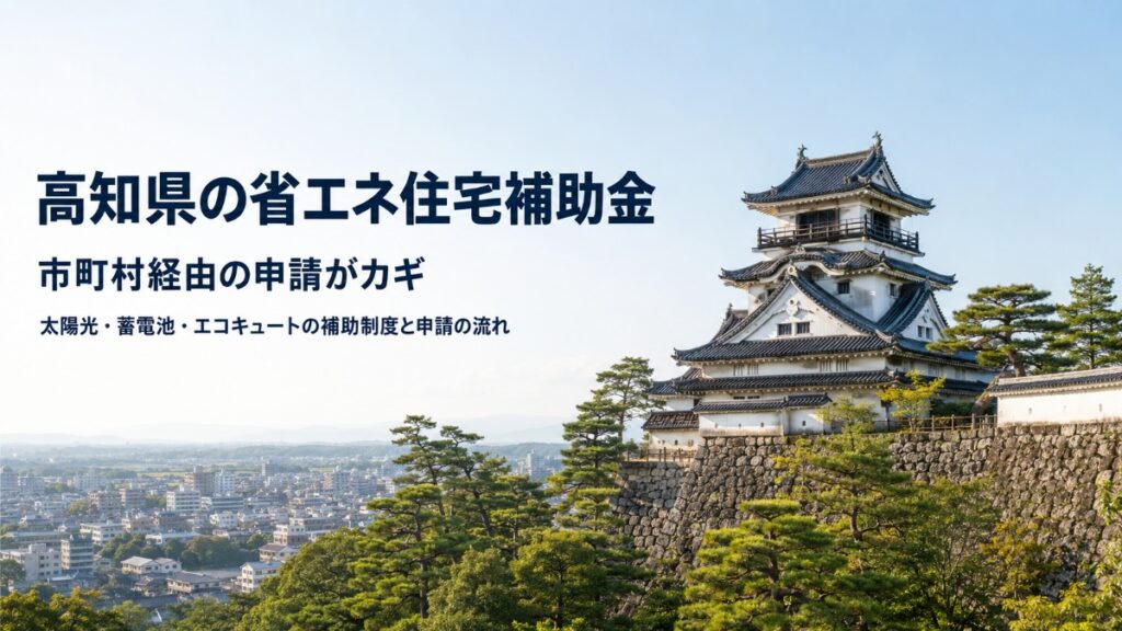 高知城の天守と高知市街を望む情景に、高知県の省エネ住宅補助金の見出しを重ねたアイキャッチ