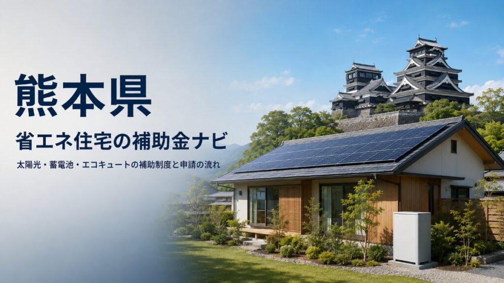 熊本城と太陽光パネル・家庭用蓄電池を備えた住宅