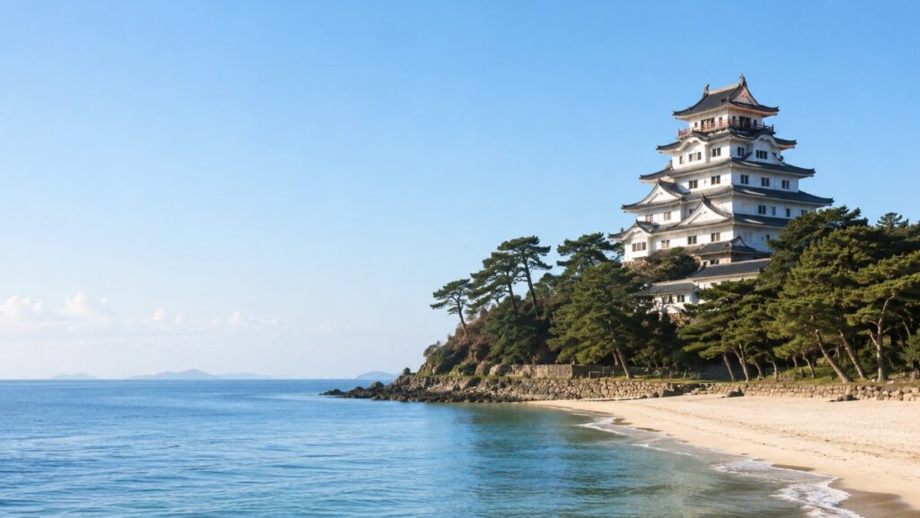 佐賀県 唐津の海辺に建つ天守と黒松の松原