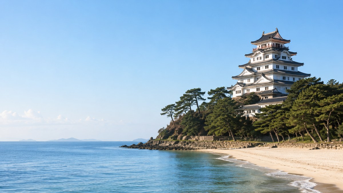 佐賀県 唐津の海辺に建つ天守と黒松の松原