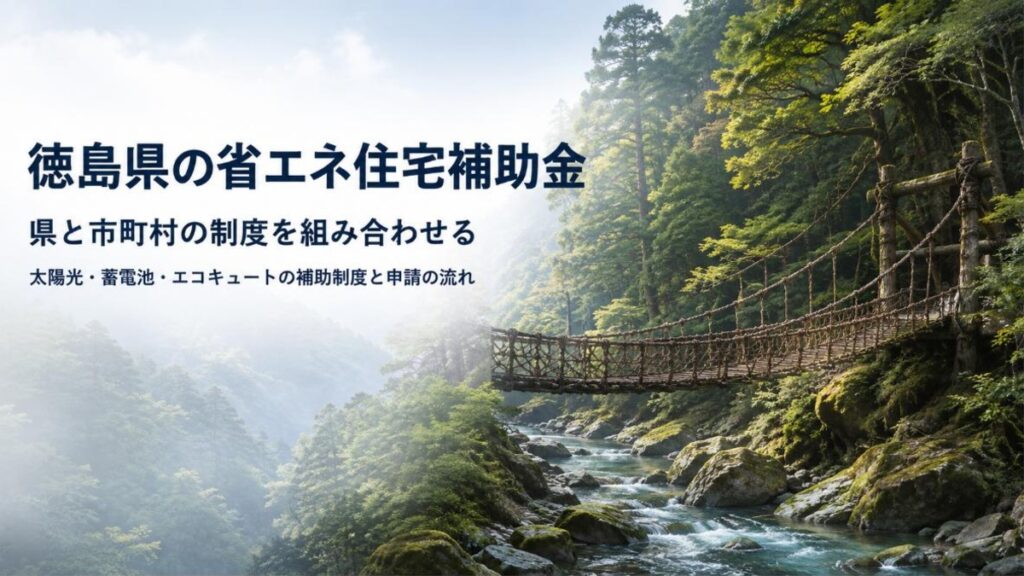 徳島県の祖谷のかずら橋と渓谷を望む情景に、徳島県の省エネ住宅補助金の見出しを重ねたアイキャッチ