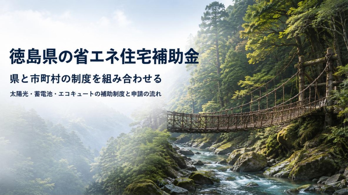 徳島県の祖谷のかずら橋と渓谷を望む情景に、徳島県の省エネ住宅補助金の見出しを重ねたアイキャッチ