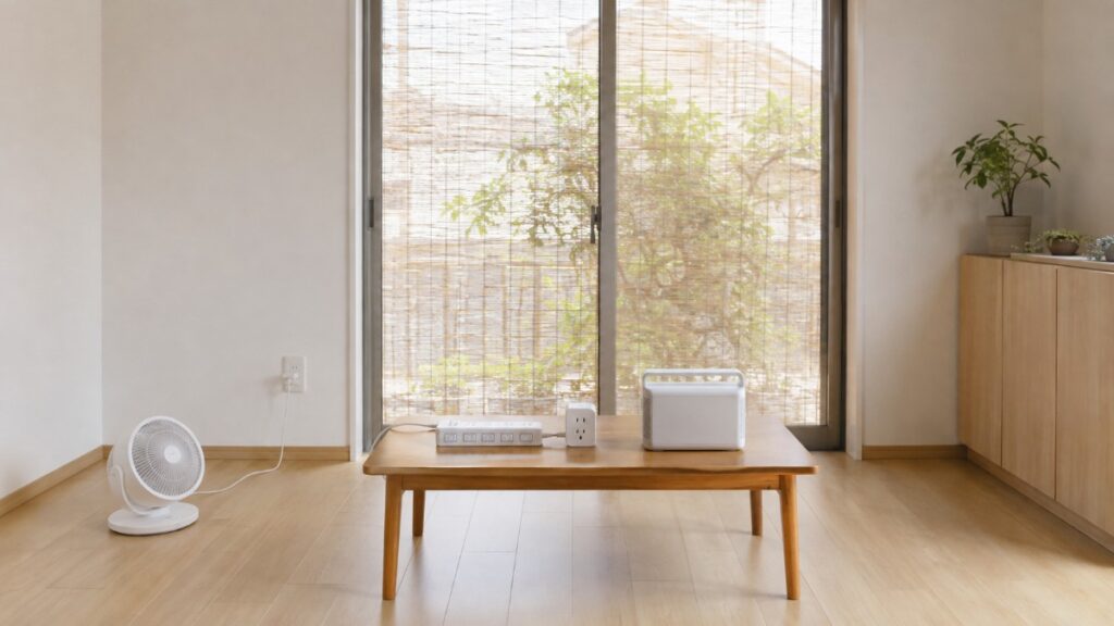 日本の住宅のリビングに置かれた個別スイッチ付き電源タップ、コンセント型の電力計、ポータブル電源、サーキュレーターと、窓の外のすだれ