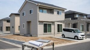 日本の郊外の新築木造2階建て住宅と手前の設計図面