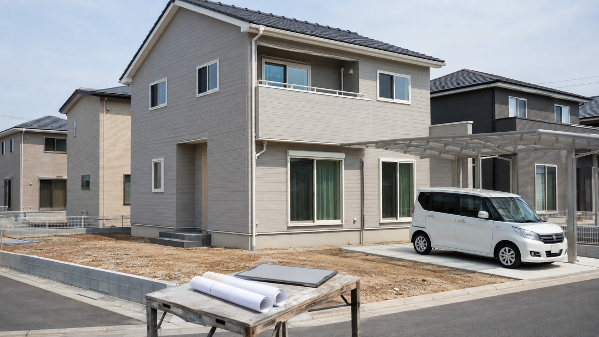 日本の郊外の新築木造2階建て住宅と手前の設計図面