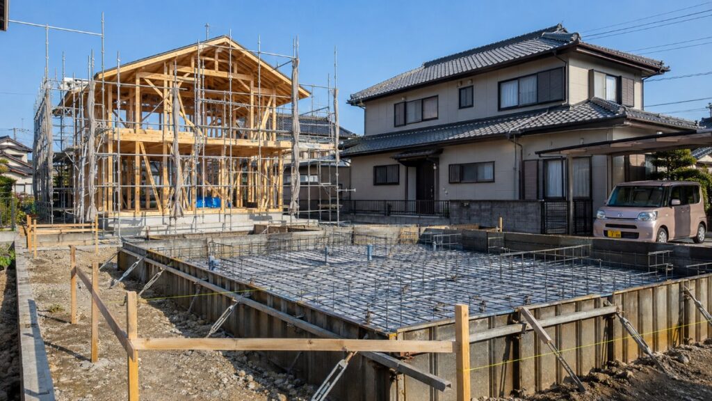 日本の住宅地の新築工事現場。配筋されたべた基礎と型枠、奥に木造の建て方と足場、右に瓦屋根の住宅とカーポート