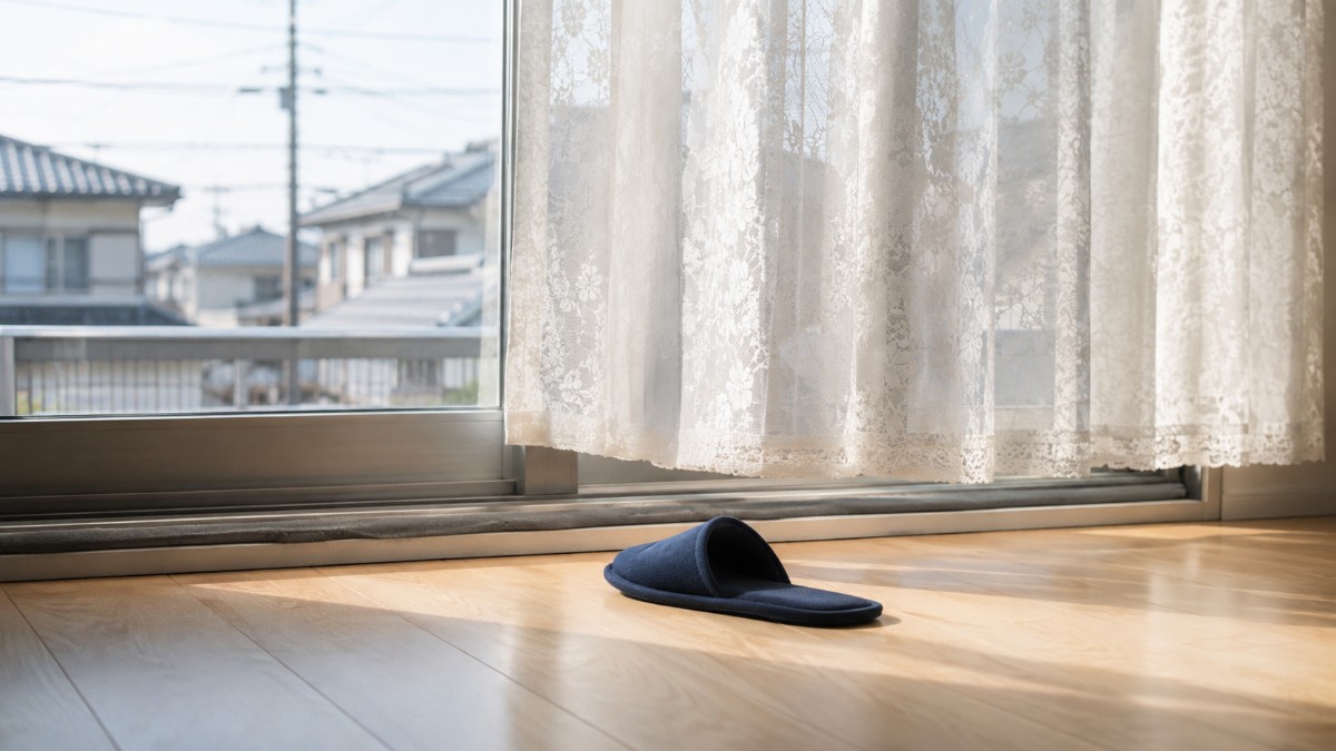 冬の朝の日本の住宅のリビング。引き違いサッシの掃き出し窓と床のスリッパ