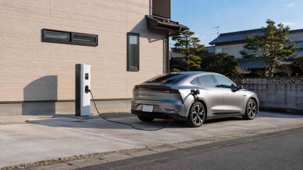 日本の一戸建て住宅の駐車スペースに自立した充放電設備と、ケーブルでつながれた電気自動車