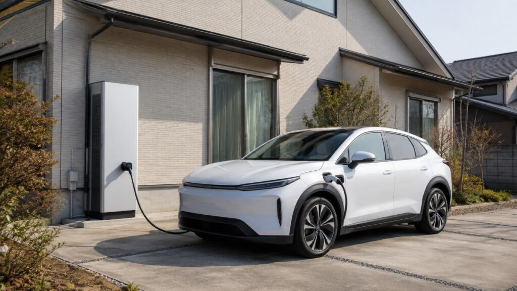 日本の戸建て住宅の駐車スペースに設置されたV2H充放電設備と充電中の白い電気自動車