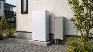 日本の戸建て住宅の外壁に設置された白い家庭用蓄電池ユニットとグレーの分電盤ボックス