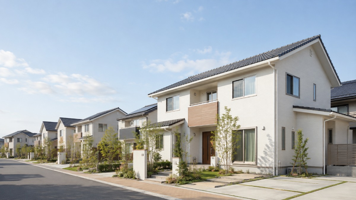 日本の郊外の新築住宅街に建つ木造2階建ての戸建て住宅