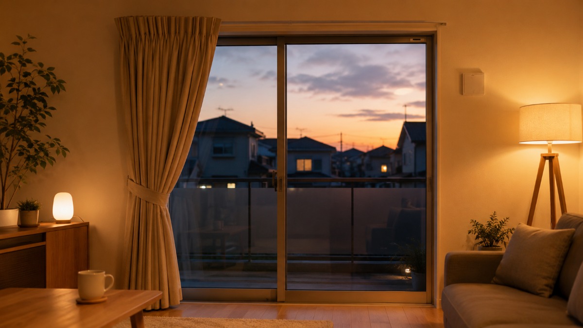 冬の夕方、厚手のドレープカーテンが掛かった日本の住宅の掃き出し窓