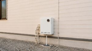 日本の戸建て住宅の外壁に設置された壁掛け型のガス給湯器と、地面の排水口へつながるドレン配管