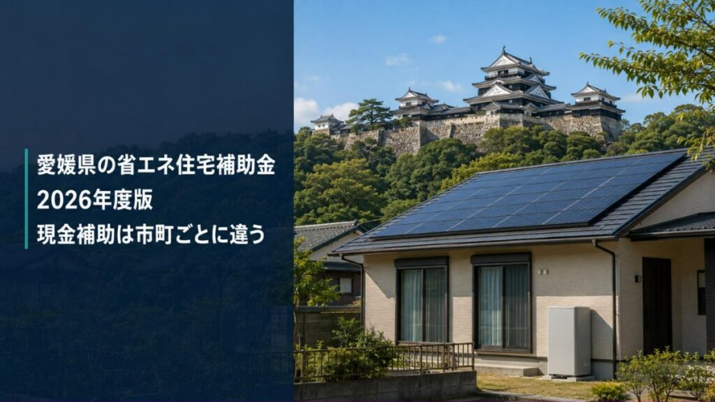 愛媛県の松山城を背景にした太陽光パネル付き戸建て住宅と家庭用蓄電池