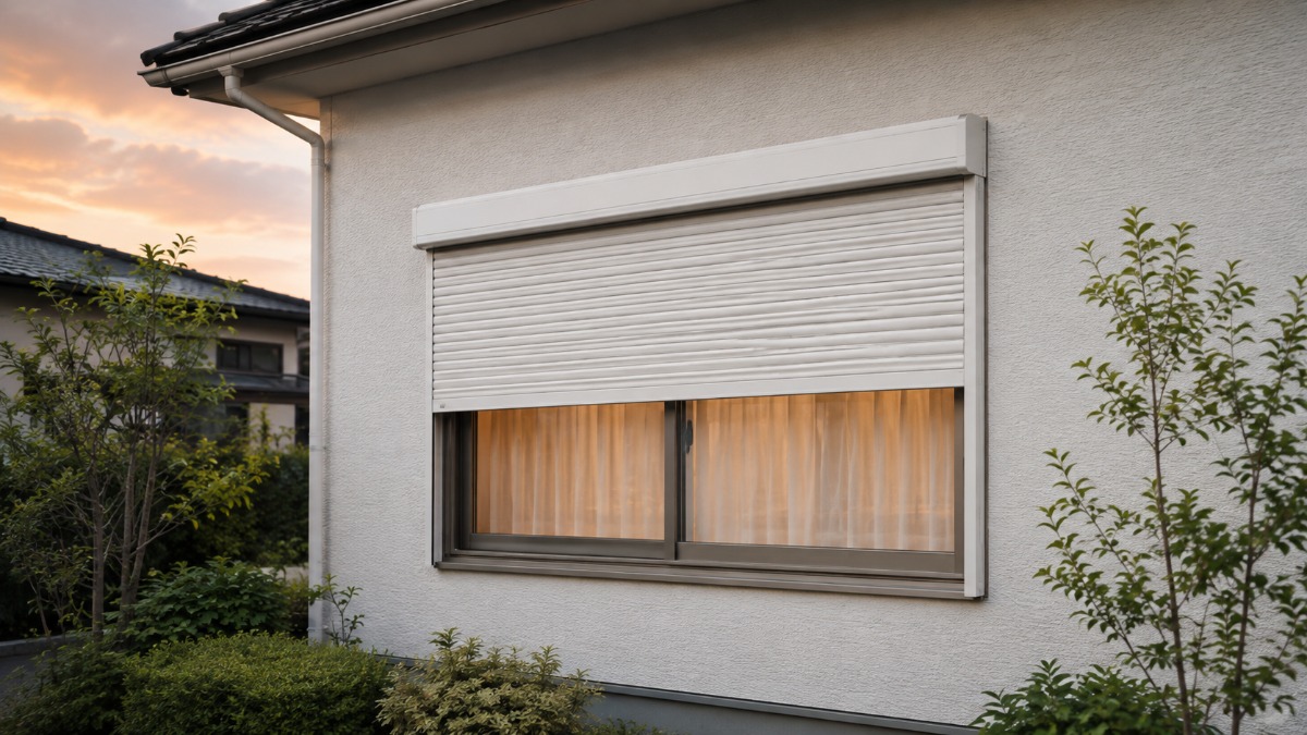 日本の住宅の窓に下りた白いウインドウシャッター