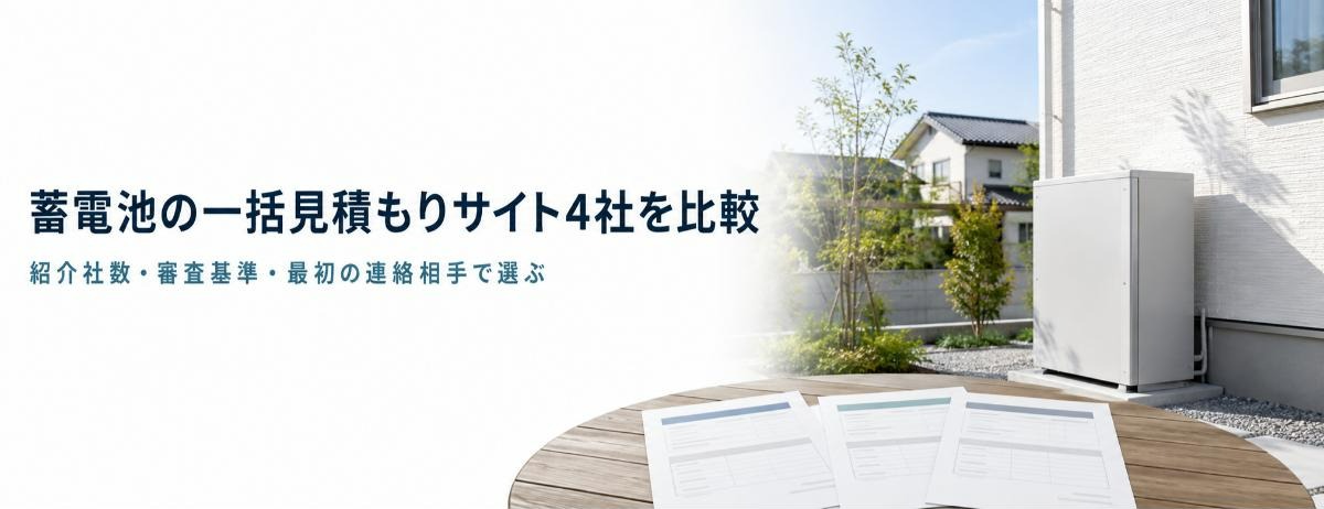 日本の戸建て住宅の外壁横に設置された家庭用蓄電池と、手前のテーブルに並べた3社分の見積書