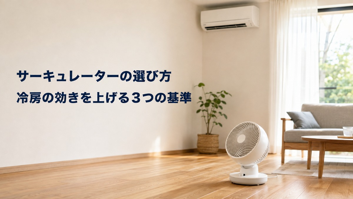 エアコンのあるリビングの床に置かれた白いサーキュレーター