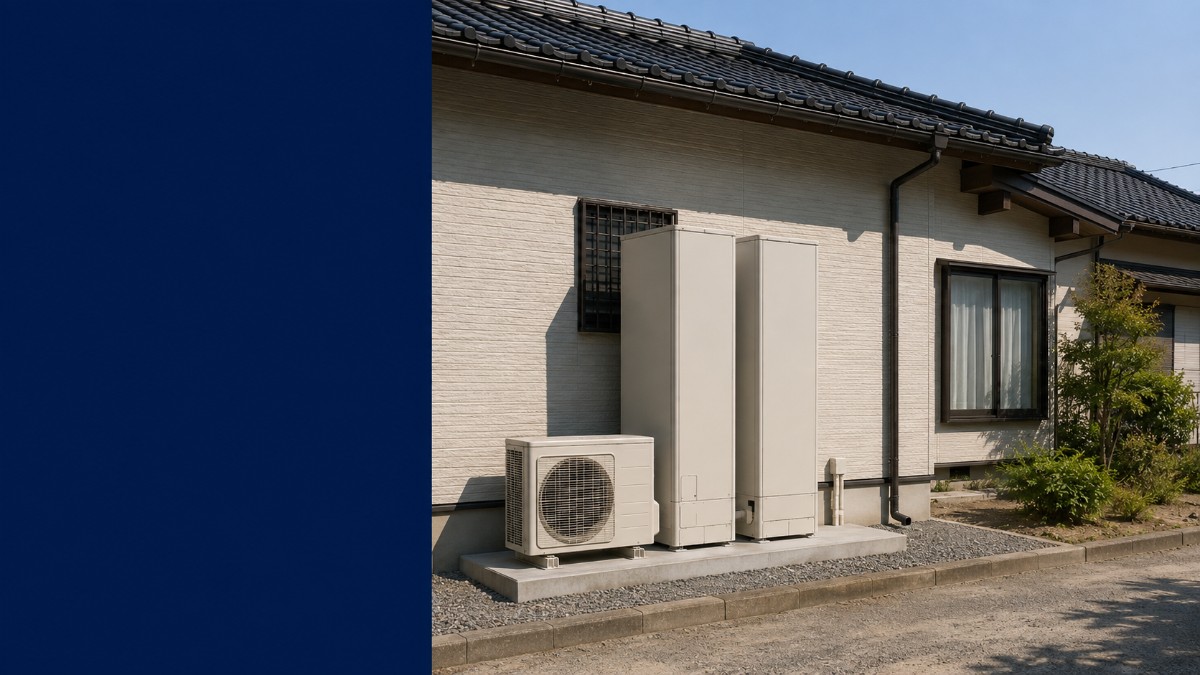 日本の戸建て住宅の外壁沿いに設置されたエコキュートの貯湯タンク2本とヒートポンプユニット