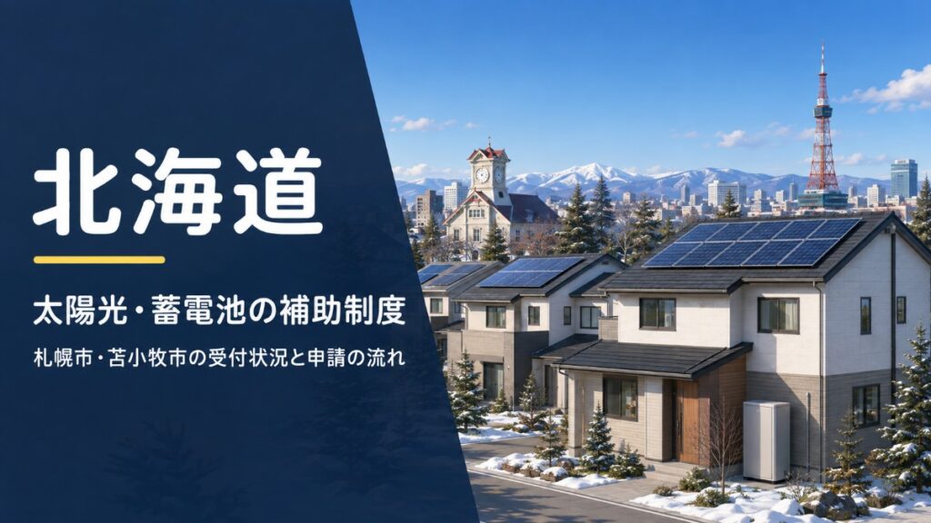雪の残る北海道の戸建住宅に太陽光パネルと蓄電池、遠景に札幌の時計台とテレビ塔